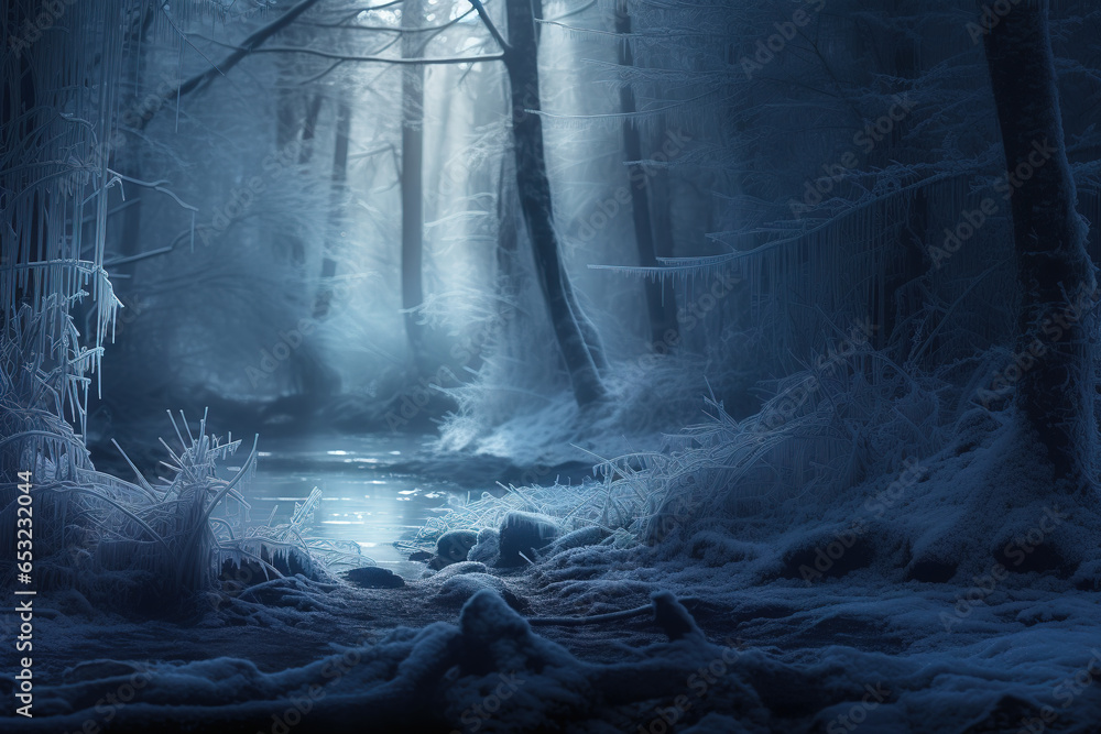 Ephemeral frozen forest landscape with the fleeting beauty of winter and its transient charm Ephemeral frozen forest landscape with the fleeting beauty of winter and its transient charm