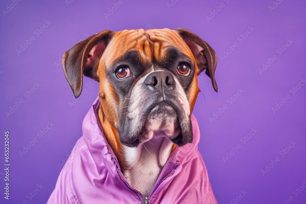 Headshot portrait photography of a funny boxer dog wearing a raincoat against a lilac purple background. With generative AI technology
