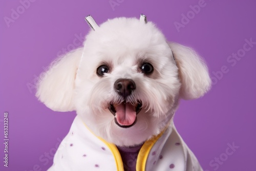 Close-up portrait photography of a smiling bichon frise wearing a bee costume against a lilac purple background. With generative AI technology