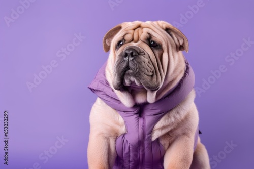 Medium shot portrait photography of a cute chinese shar pei dog wearing a ski suit against a lilac purple background. With generative AI technology
