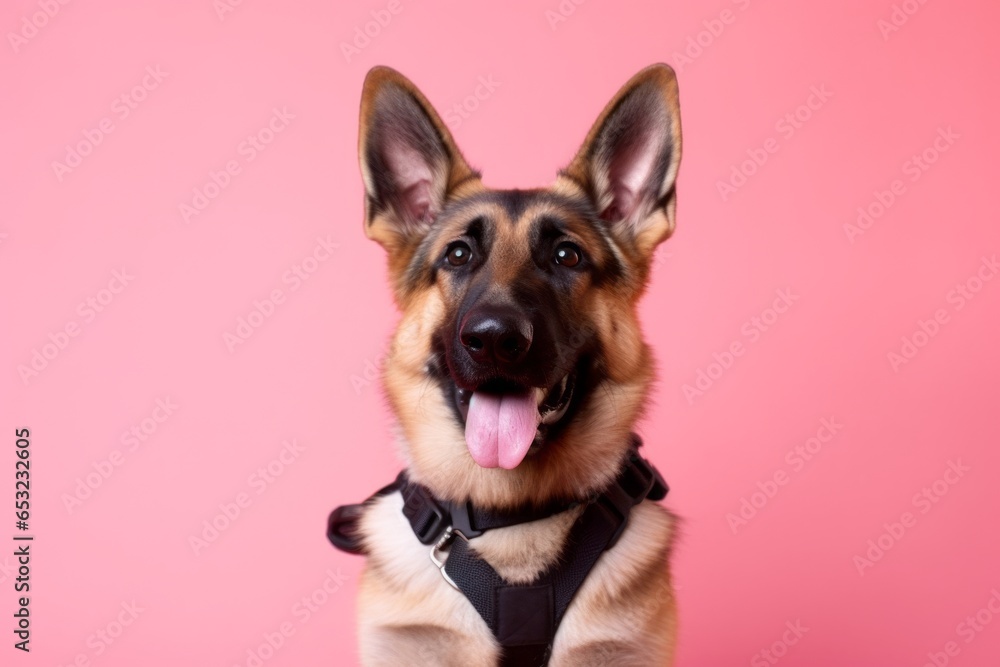 Medium shot portrait photography of a cute german shepherd wearing a harness against a coral pink background. With generative AI technology