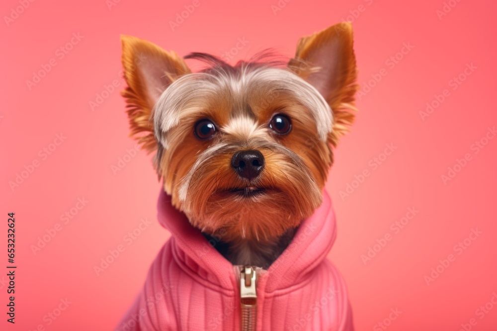 Close-up portrait photography of a funny yorkshire terrier wearing a jumper against a coral pink background. With generative AI technology