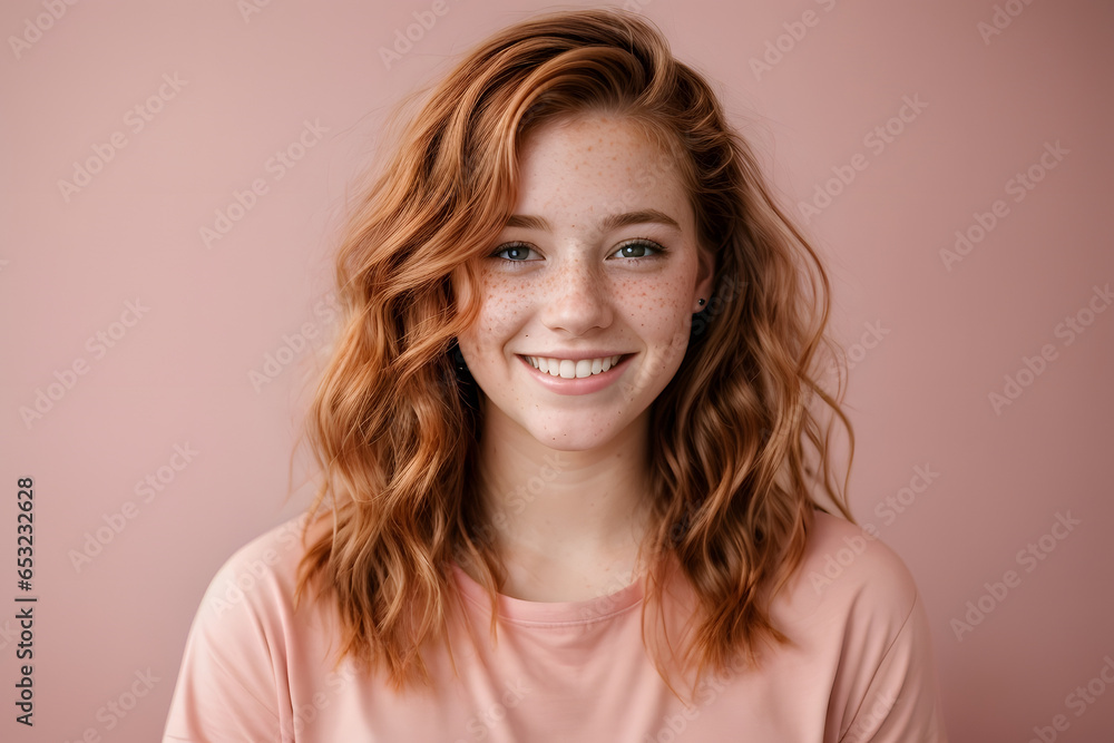 Beautiful young smirking woman with a charming smile with dazzling white teeth on the pink background. Generative ai. Beautiful young smirking woman with a charming smile with dazzling white teeth on the pink background. Generative ai.