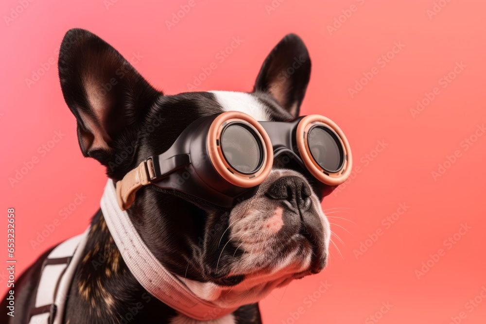 Medium shot portrait photography of a funny boston terrier wearing a paw protector against a coral pink background. With generative AI technology