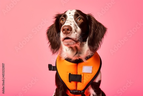 Group portrait photography of a funny brittany dog wearing a life jacket against a coral pink background. With generative AI technology