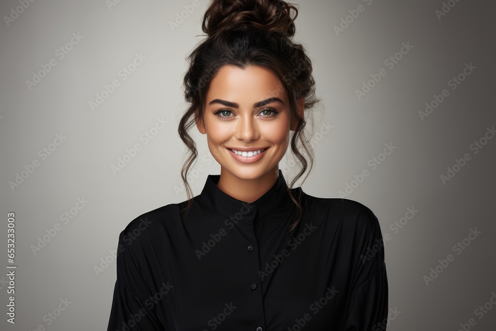 Portrait of a young beautiful brunette woman on a gray background, looking at the camera and smiling, black clothes Portrait of a young beautiful brunette woman on a gray background, looking at the camera and smiling, black clothes