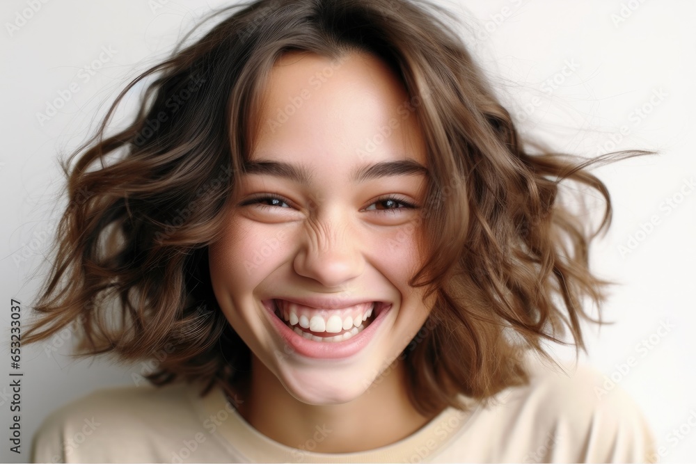 Portrait of young beautiful cute cheerful teenage girl laughing. Teen girl looking at camera over light gray background. Portrait of young beautiful cute cheerful teenage girl laughing. Teen girl looking at camera over light gray background.