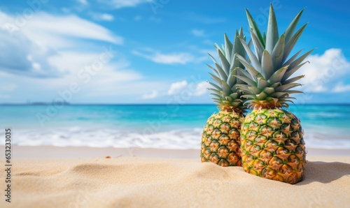 Pineapples fruits on sandy tropical beach with blue sky and sea water, blue ocean background with copy-space. Leisure in summer and holiday vacation concept.