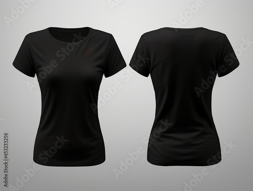 T-shirt mockup. Black blank t-shirt front and back views. female clothes wearing clear attractive apparel tshirt models template | Generative AI