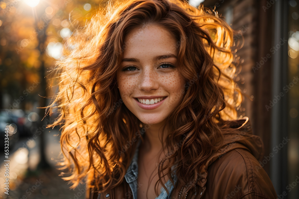 Photo of an attractive freckled redhead young woman smiling portrait symbolizing autumn season during late sunset with a sunflares in the background. Generative ai. Photo of an attractive freckled redhead young woman smiling portrait symbolizing autumn season during late sunset with a sunflares in the background. Generative ai.