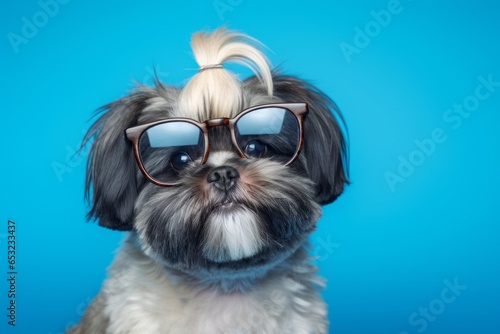 Headshot portrait photography of a happy shih tzu wearing a hipster glasses against a cerulean blue background. With generative AI technology