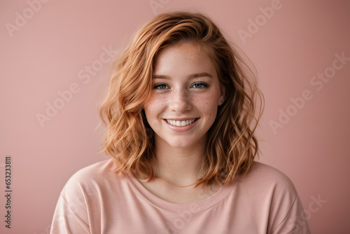 Beautiful young smirking woman with a charming smile with dazzling white teeth on the pink background. Generative ai. © kapros76