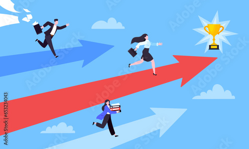 Business career competition with man and woman business persons running flat style design vector illustration concept. Leadership race employee competition with achieving success award.