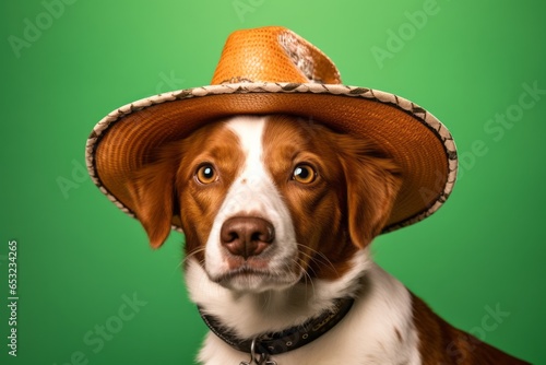 Medium shot portrait photography of a funny brittany dog wearing a sombrero against a spearmint green background. With generative AI technology