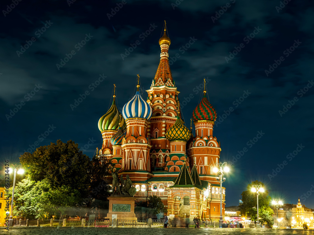 St. Basil Cathedral at night in Red Square in Moscow, Russia. Illuminated building