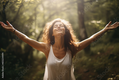 Young beautiful woman with long wavy hair feeling calm and relieved in nature, breathing the fresh air with opened arms