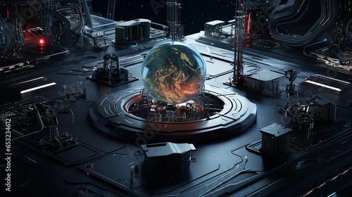 Planet Earth Analysis Hologram Space Exploration Lab Habitat Planet Space Station Facility Alien Sci-fi Expedition Outpost Science Fiction Generative AI