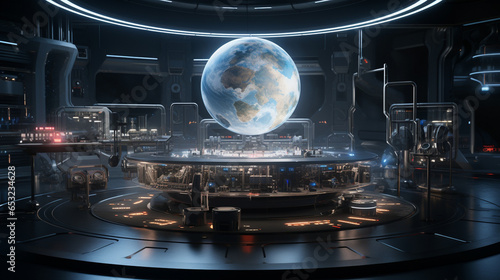 Planet Earth Analysis Hologram Space Exploration Lab Habitat Planet Space Station Facility Alien Sci-fi Expedition Outpost Science Fiction Generative AI