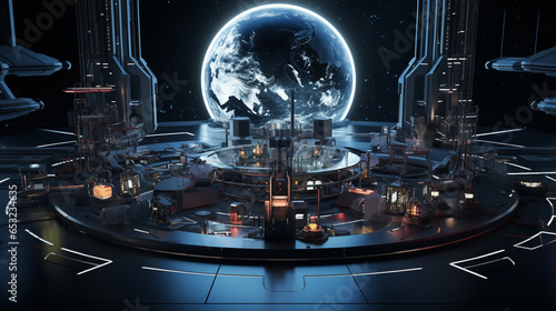 Planet Earth Analysis Hologram Space Exploration Lab Habitat Planet Space Station Facility Alien Sci-fi Expedition Outpost Science Fiction Generative AI