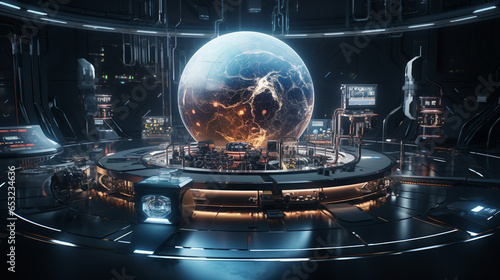 Planet Earth Analysis Hologram Space Exploration Lab Habitat Planet Space Station Facility Alien Sci-fi Expedition Outpost Science Fiction Generative AI