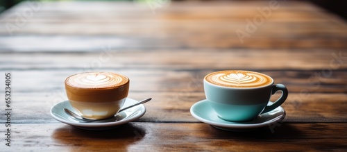 Coffee cups with latte art placed on the table