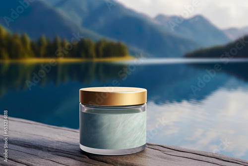 3D mock up of a jar of spa cream on a wooden board next to the calm waters of a lake