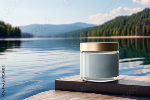3D mock up of a jar of spa cream on a wooden board next to the calm waters of a lake