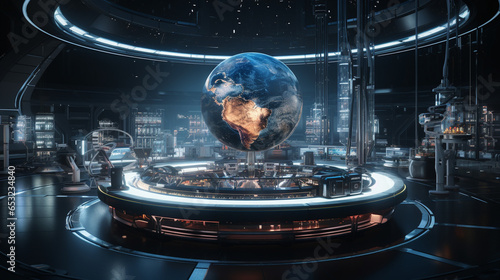 Planet Earth Analysis Hologram Space Exploration Lab Habitat Planet Space Station Facility Alien Sci-fi Expedition Outpost Science Fiction Generative AI