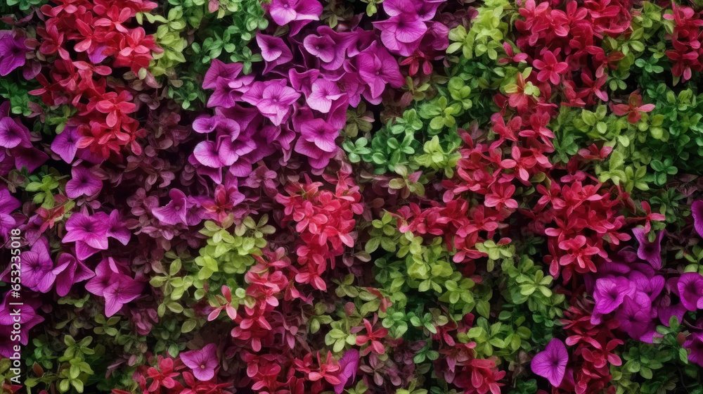 Vertical garden nature backdrop, red and purple petunias flowering plant flowers and green leaves wall background.