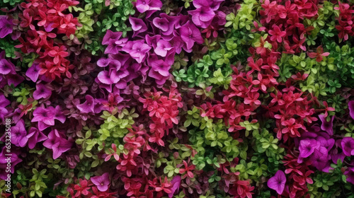 Vertical garden nature backdrop  red and purple petunias flowering plant flowers and green leaves wall background.