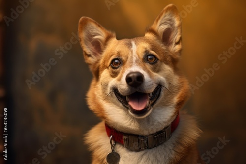 Medium shot portrait photography of a smiling norwegian lundehund wearing a denim vest against a gold background. With generative AI technology
