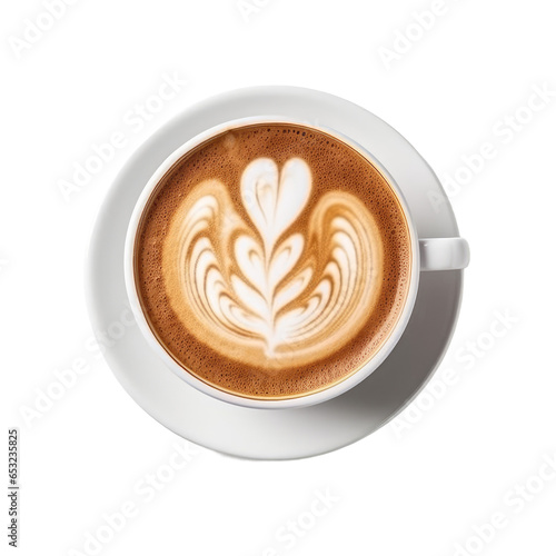 Top view of hot coffee latte cappuccino cup with latte art milk foam isolated on transparent background