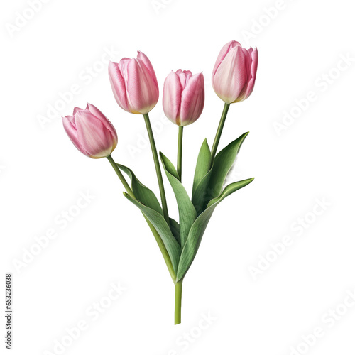 Spring blooming flower pink tulips with green leaves isolated on transparent background