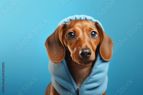 Medium shot portrait photography of a cute dachshund wearing a sherpa coat against a periwinkle blue background. With generative AI technology