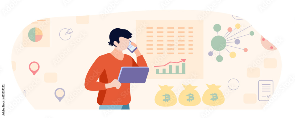 Man with a tablet, documents and a contract. The character plans and sets goals. Analyst, graphs and charts. Businessman, laptop, note. Calculation of income and expenses. Cartoon flat vector illustra Man with a tablet, documents and a contract. The character plans and sets goals. Analyst, graphs and charts. Businessman, laptop, note. Calculation of income and expenses. Cartoon flat vector illustra