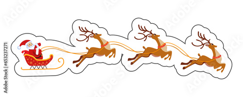 Sticker Santa Claus in a sleigh with reindeer Isolated vector illustration for Christmas card, print, poster.