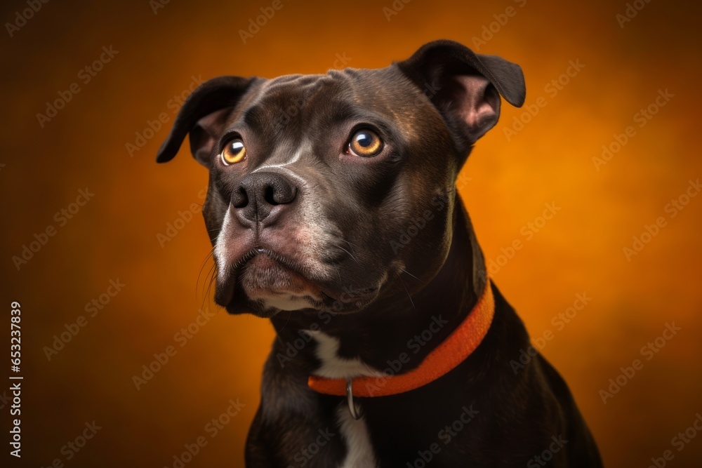 Close-up portrait photography of a cute staffordshire bull terrier wearing a halloween costume against a minimalist or empty room background. With generative AI technology