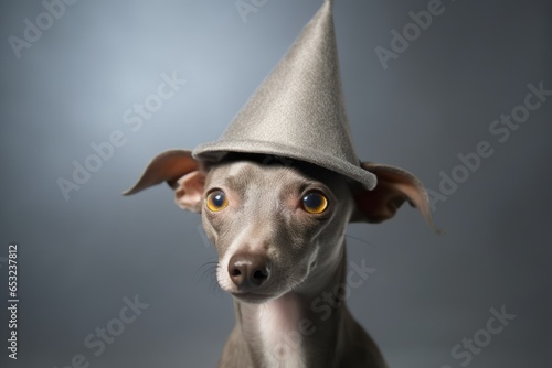 Close-up portrait photography of a cute italian greyhound dog wearing a wizard hat against a minimalist or empty room background. With generative AI technology