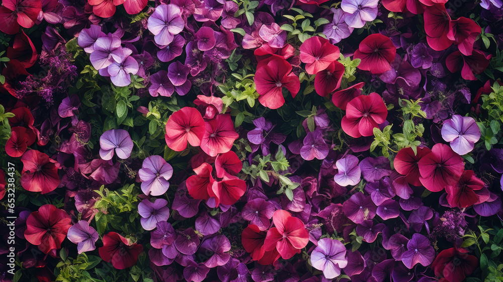 Vertical garden nature backdrop, colorful petunia flowering plant flowers and green leaves wall background