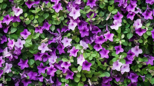Vertical garden nature backdrop  colorful petunia flowering plant flowers and green leaves wall background