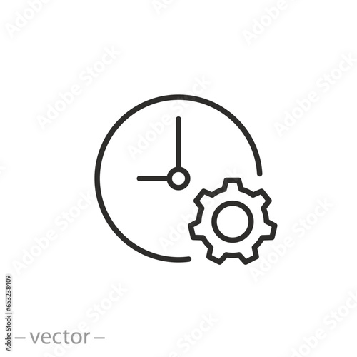 clock with gear icon, industrial timer, time management, thin line symbol - editable stroke vector illustration