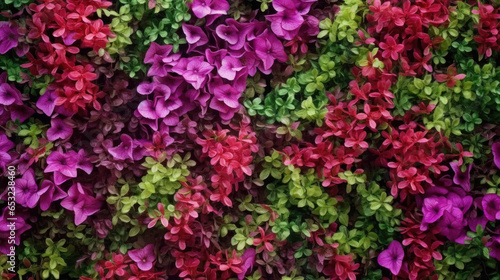 Vertical garden nature backdrop  colorful petunia flowering plant flowers and green leaves wall background