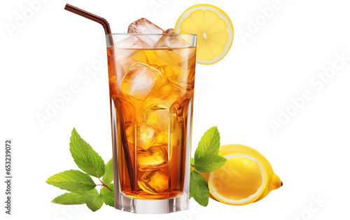 A glass of iced tea with lemon in glass
