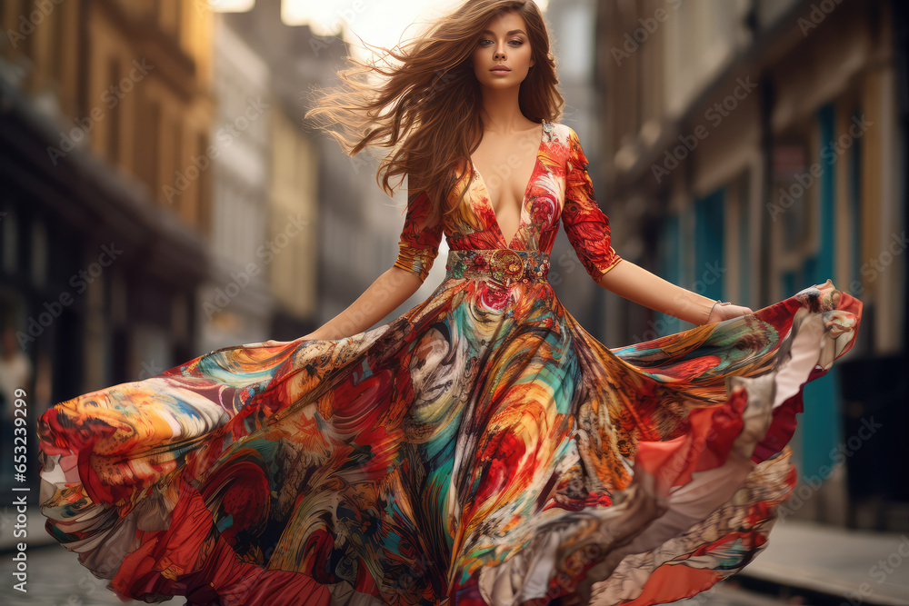 a beautiful girl in designed dress on street
