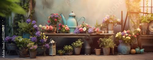 a background with flower pots and greenery in the background