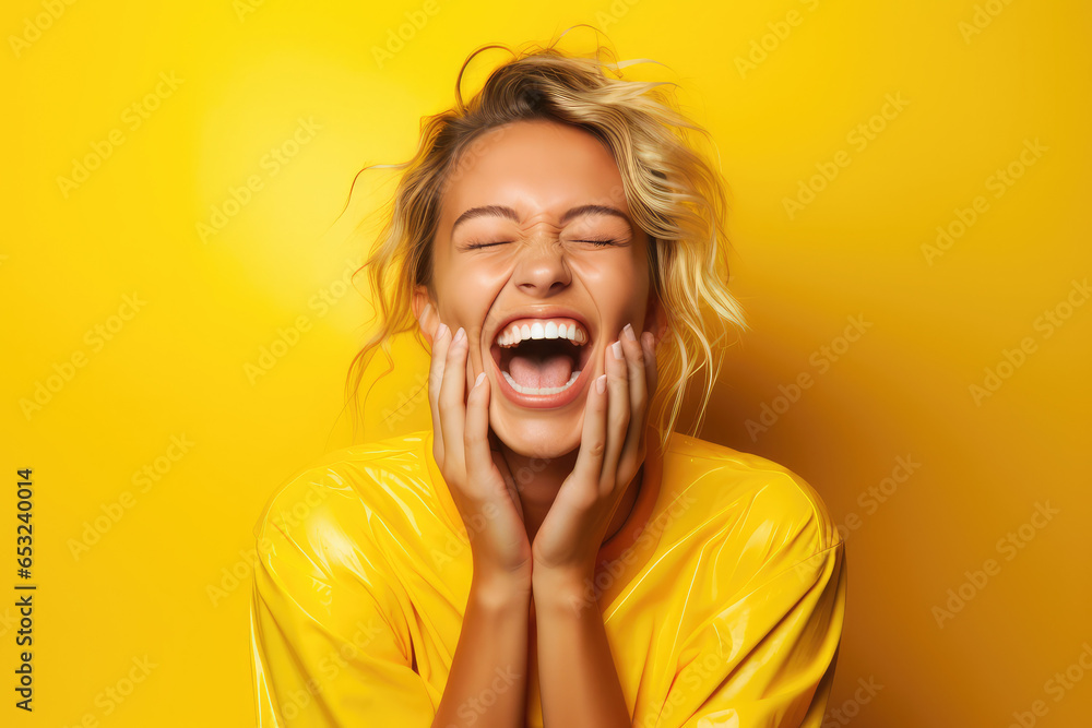 girl laughing with fingers on her face over yellow background - obrazy, fototapety, plakaty 