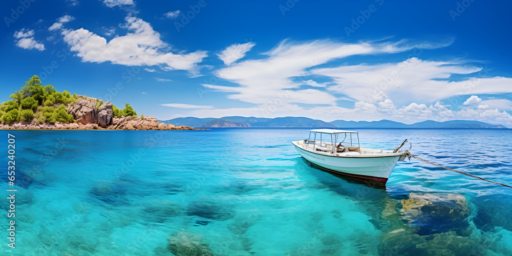 Beautiful Ionian Sea with clear turquoise water and morning summer coast view from beach  with boat and green plants and blue sky background Ai Generative