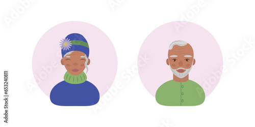 Grandma and grandpa. Avatar of dark-skinned grandparents. Elderly people with gray hair. Vector illustration