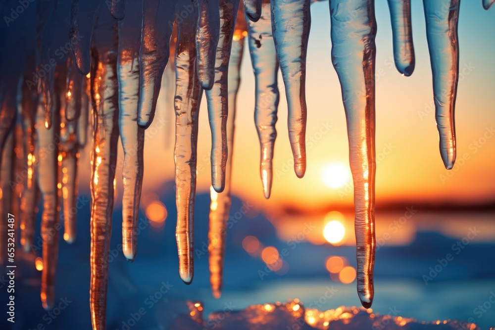 icicles in cold winter landscape at sunset - obrazy, fototapety, plakaty 