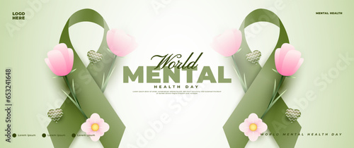 world mental health day banner design with green ribbon elements